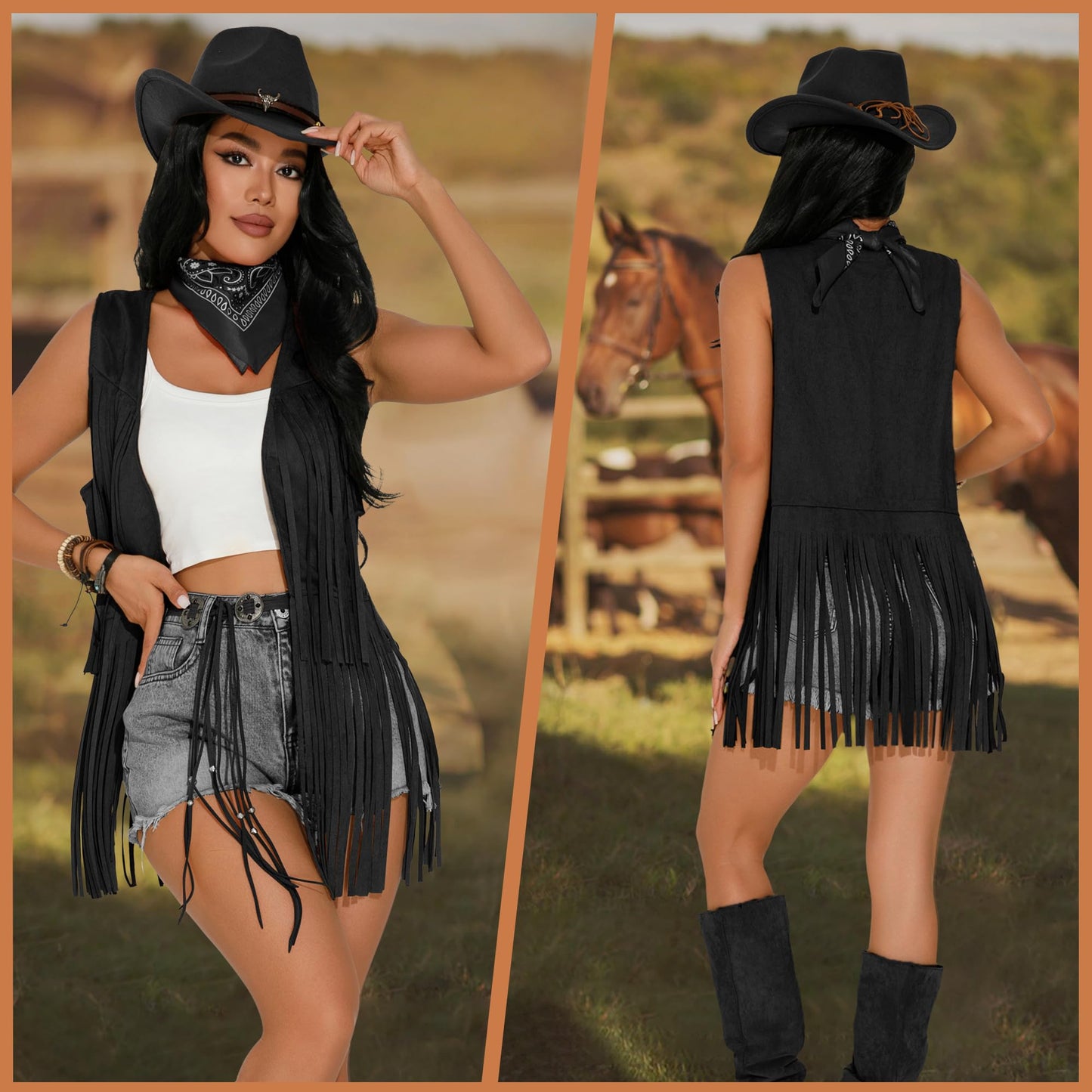 GERVAISE Womens Western Cowgirl Costume 70s Hippie Tassels Fringe Vest outfit Hat 5pcs (Black, Large)