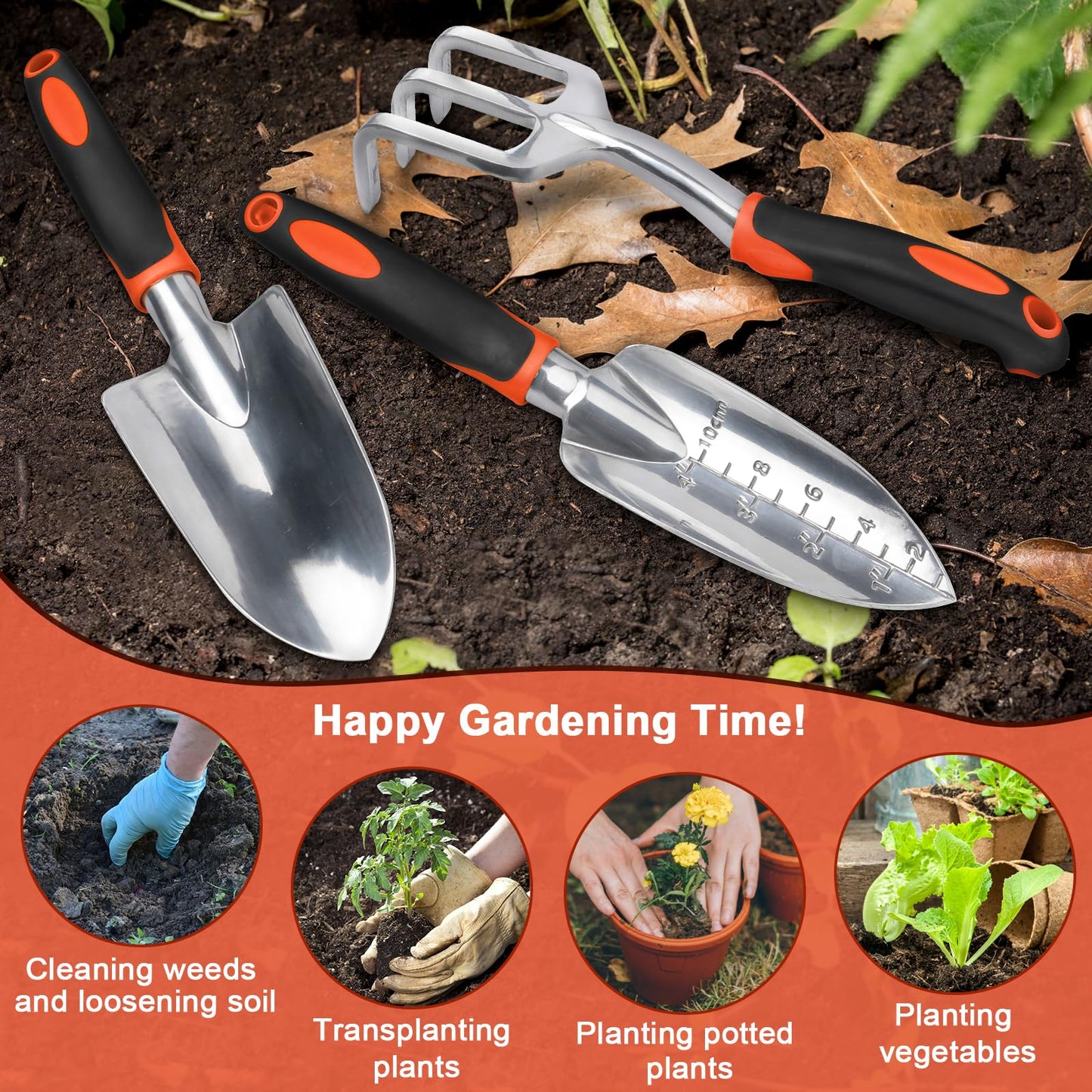 Garden Tools Set, 3 Pack Heavy Duty Gardening Tools Set Include Garden Shovel, Transplant Trowel and Hand Rake with Ergonomic Handle, Aluminum Alloy Lawn for Planting, Orange