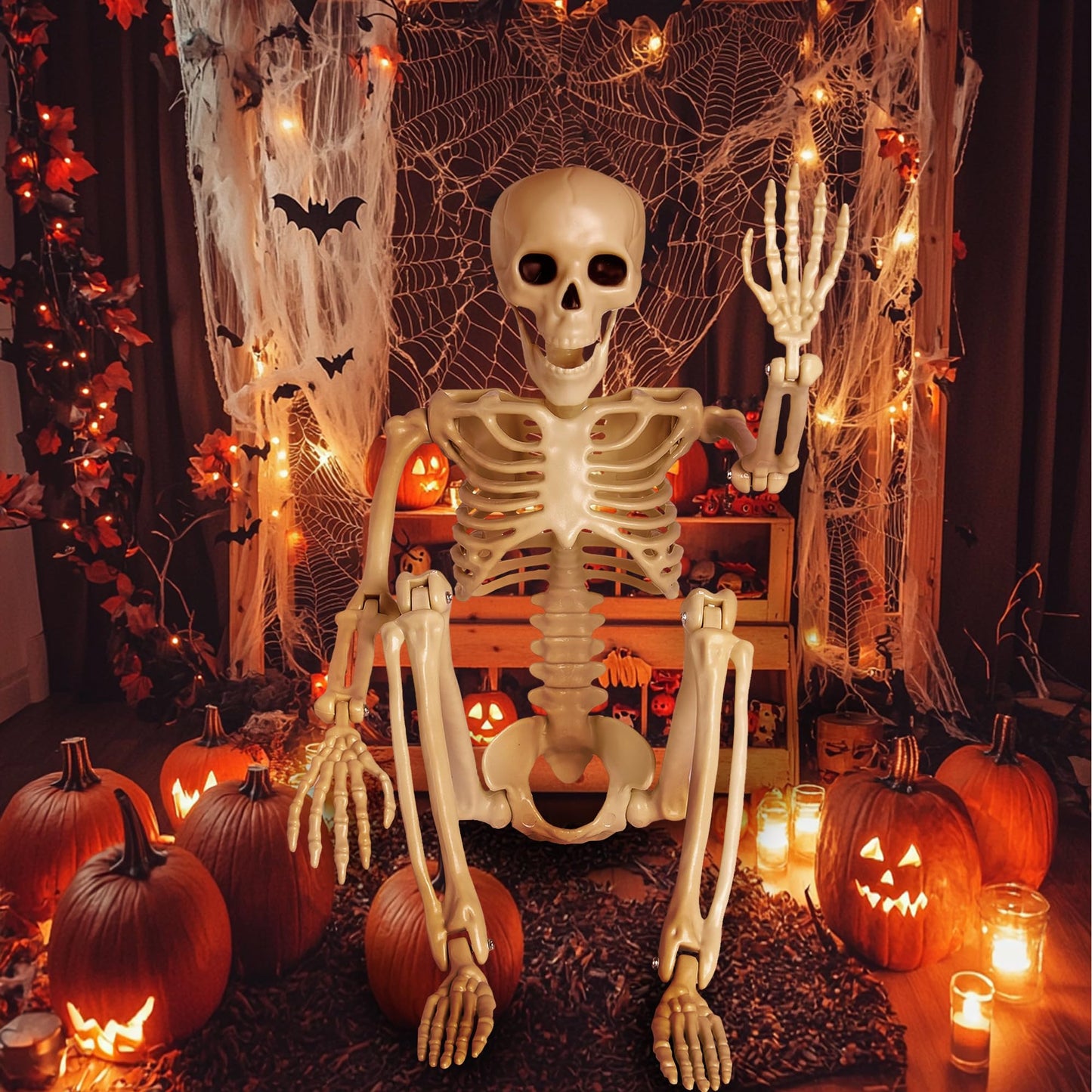 24" Halloween Skeleton Decorations,Full Body Posable,Hanging Skeleton with Movable Posable Joints, Spooky Plastic Skeleton for Yard Garden Lawn Haunted House Graveyard Props Decor