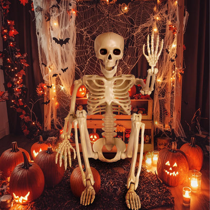 24" Halloween Skeleton Decorations,Full Body Posable,Hanging Skeleton with Movable Posable Joints, Spooky Plastic Skeleton for Yard Garden Lawn Haunted House Graveyard Props Decor