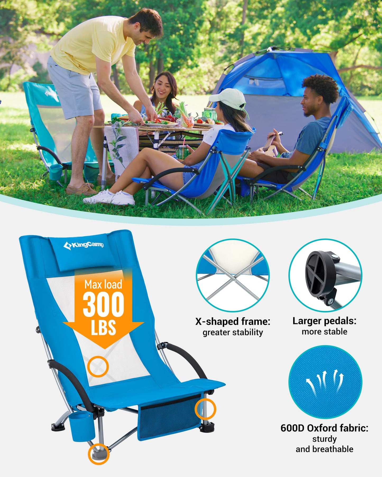 KingCamp Low Beach Chair, Folding Portable Chairs for Adults lightweight Extra Wide Ergonomic High Mesh Back Seat 300lbs Heavy Duty Oversized Gear with Carry Bag for Outdoor Lawn Camping Picnic