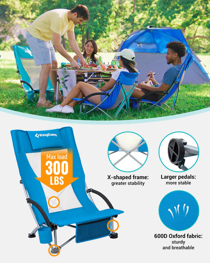 KingCamp Low Beach Chair, Folding Portable Chairs for Adults lightweight Extra Wide Ergonomic High Mesh Back Seat 300lbs Heavy Duty Oversized Gear with Carry Bag for Outdoor Lawn Camping Picnic