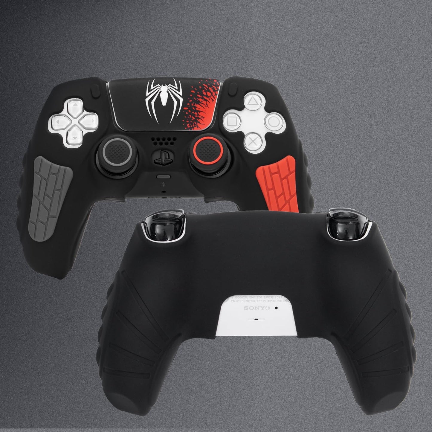 ECHZOVE PS5 Controller Cover Case - Anti-Slip Silicone Skin for PS5 DualSense Controller with Thumb Grip Caps, Joystick Protectors, Spider-Man Theme Sticker - Black