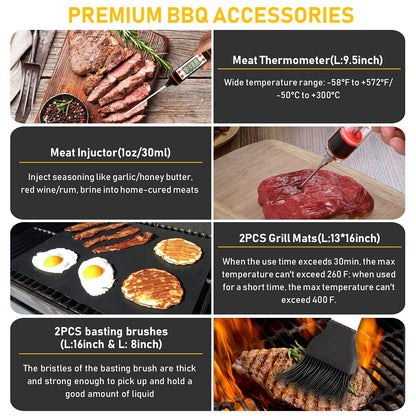 34Pcs Grill Accessories Grilling Gifts for Men, 16 Inches Heavy Duty BBQ Accessories, Stainless Steel BBQ Tools with Thermometer, Grill Mats for Backyard, BBQ Set for Men Women