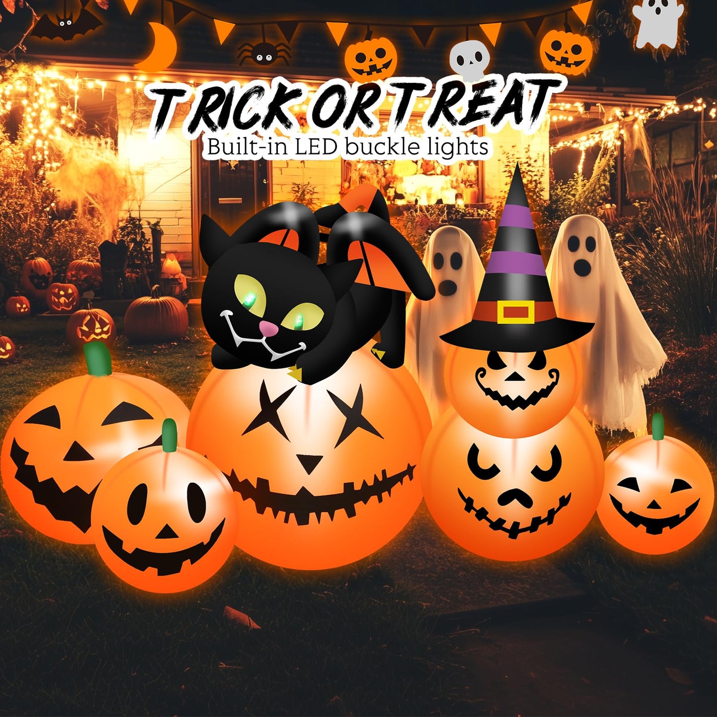 5.8 FT Long Halloween Inflatables Pumpkin Outdoor Decorations Blow Up Inflatables Pumpkin Patch with Black Cat & Witch Hat Build-in LEDs Outdoor Blow Up Yard Decorations for Holiday Party Lawn Garden