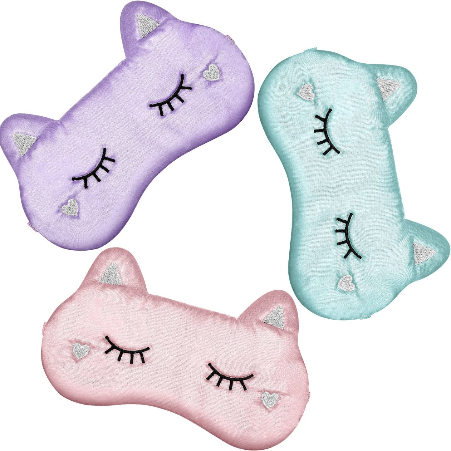 Haysandy Cute Animal Cartoon Eye Masks - 3 Pack (White, Gray, Pink) - Silk Material - Soft & Comfortable - Lightweight - Adult & Kids - Pull On - Sleep Masks