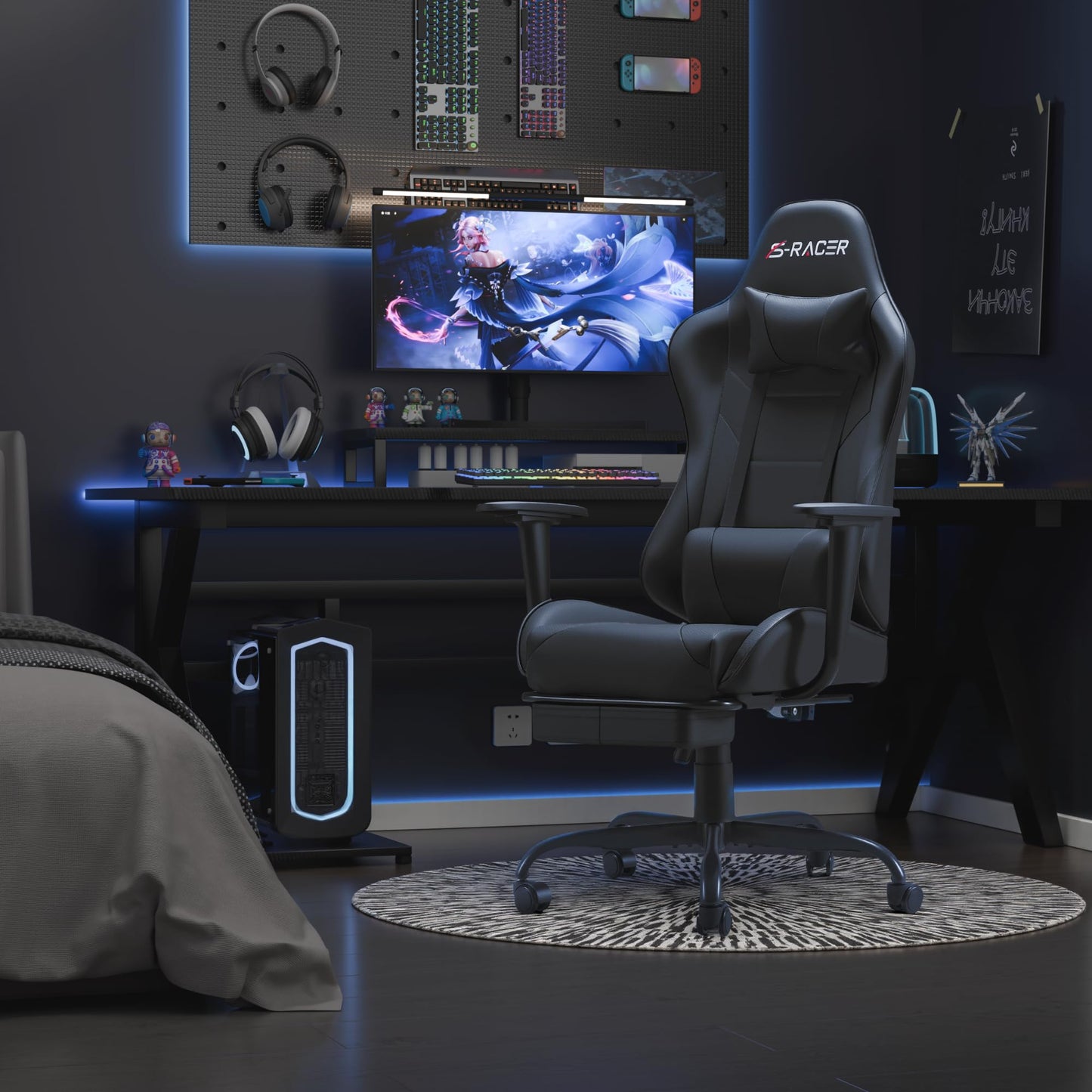 Homall Gaming Chairs, Computer Chair with Footrest and Massage Lumbar Support, Height Adjustable Game Chair with Headrest and Swivel Seat (Black)