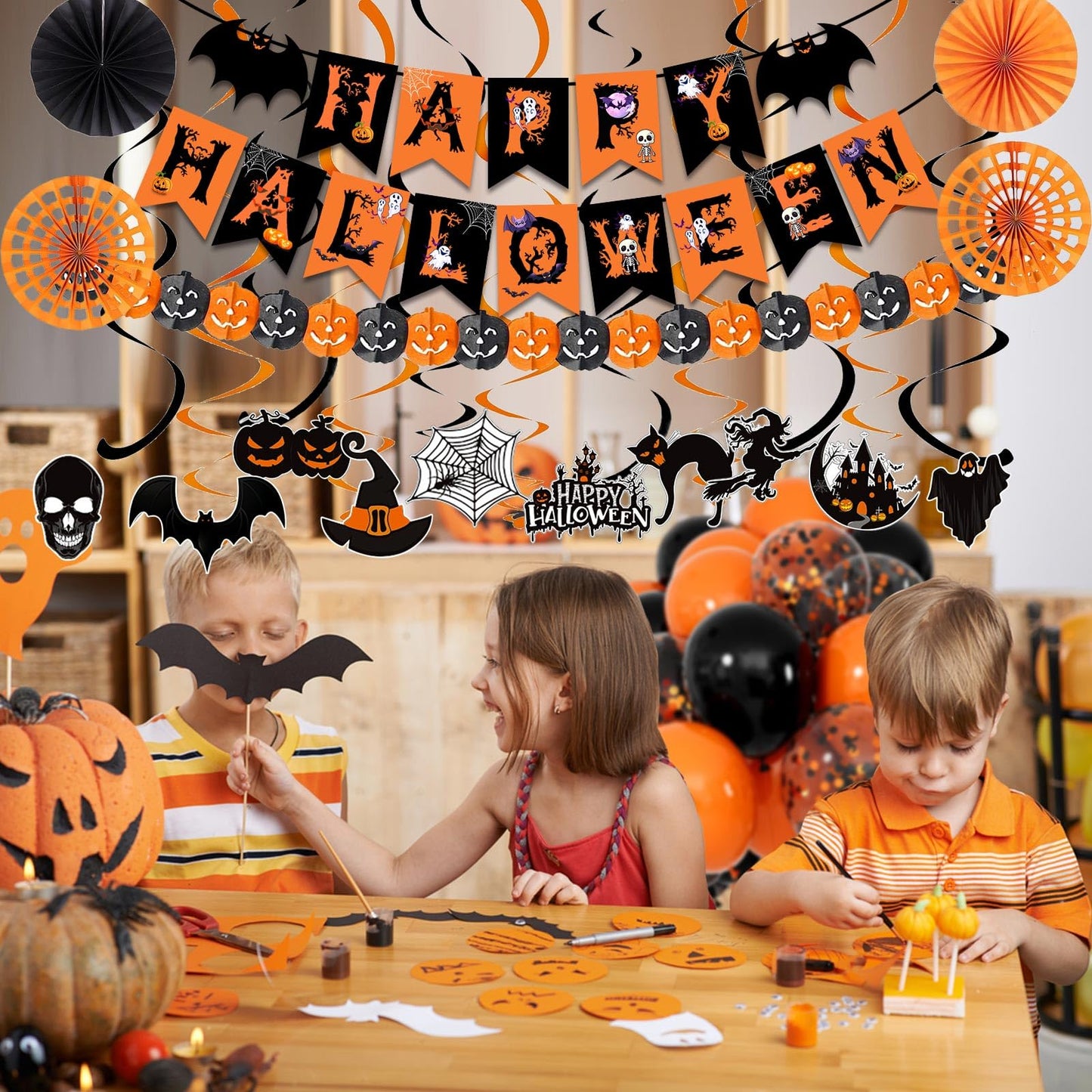 Happy Halloween Trick or Treat Banner Paper Fan Balloons & Swirl Streamers Goul Bat Cat Bird Ghost Pumpkin Lantern for Party Decorations