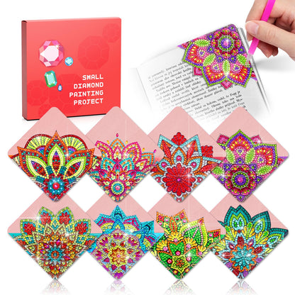 8 PCs Diamond Art Corner Bookmarks Leather Dimond Painting Book Mark Kit for Adults Paint by Dots Bookmarkers Craft DIY Gem Small Dotz Gifts for Women Mandala Flower Pink Lotus