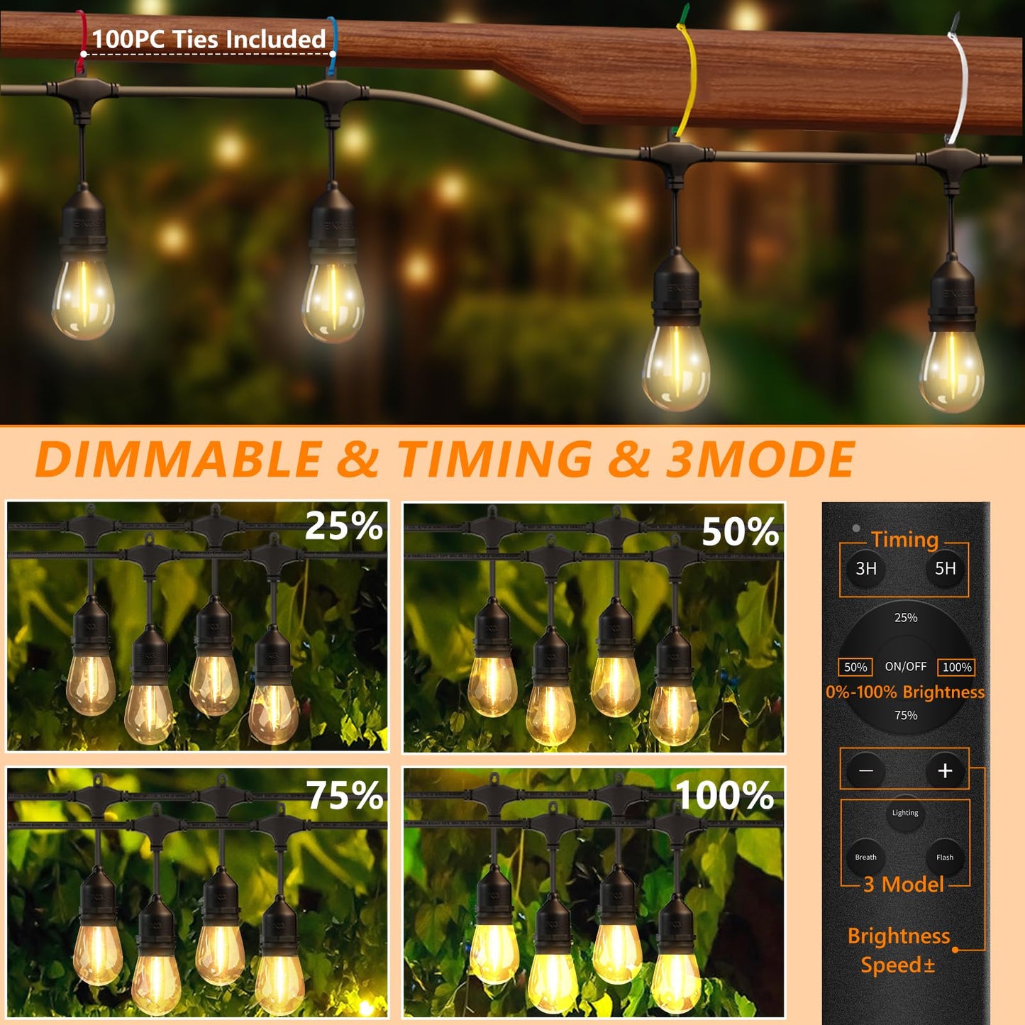 EIKOSON 50FT Outdoor String Lights Waterproof with 30+2 Bulbs(𝟏.𝟓𝐅𝐓 𝐁𝐮𝐥𝐛𝐥𝐬 𝐒𝐩𝐚𝐜𝐢𝐧𝐠), Remote & Dimmer, Commercial Grade Patio Lights with 3 Mode Light & Timing,100PC Ties for Outside
