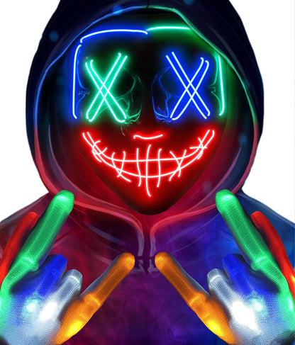Halloween Mask Skeleton Gloves Set, Light Up Scary LED Mask with Glow Gloves, Halloween Costumes for Boys Girls, Redbluegreen