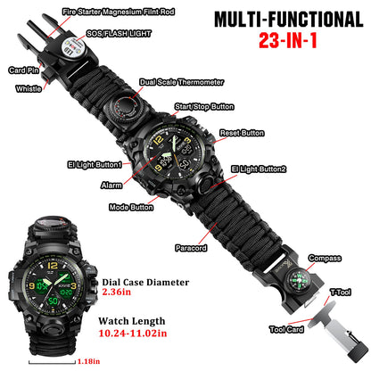 23-in-1 Survival Military Digital Watch, Mens Tactical Multi-Functional and Adjustable Wristband Outdoors Waterproof Sports Dual Dial Watches with Compass Paracord Band, Black, Digital