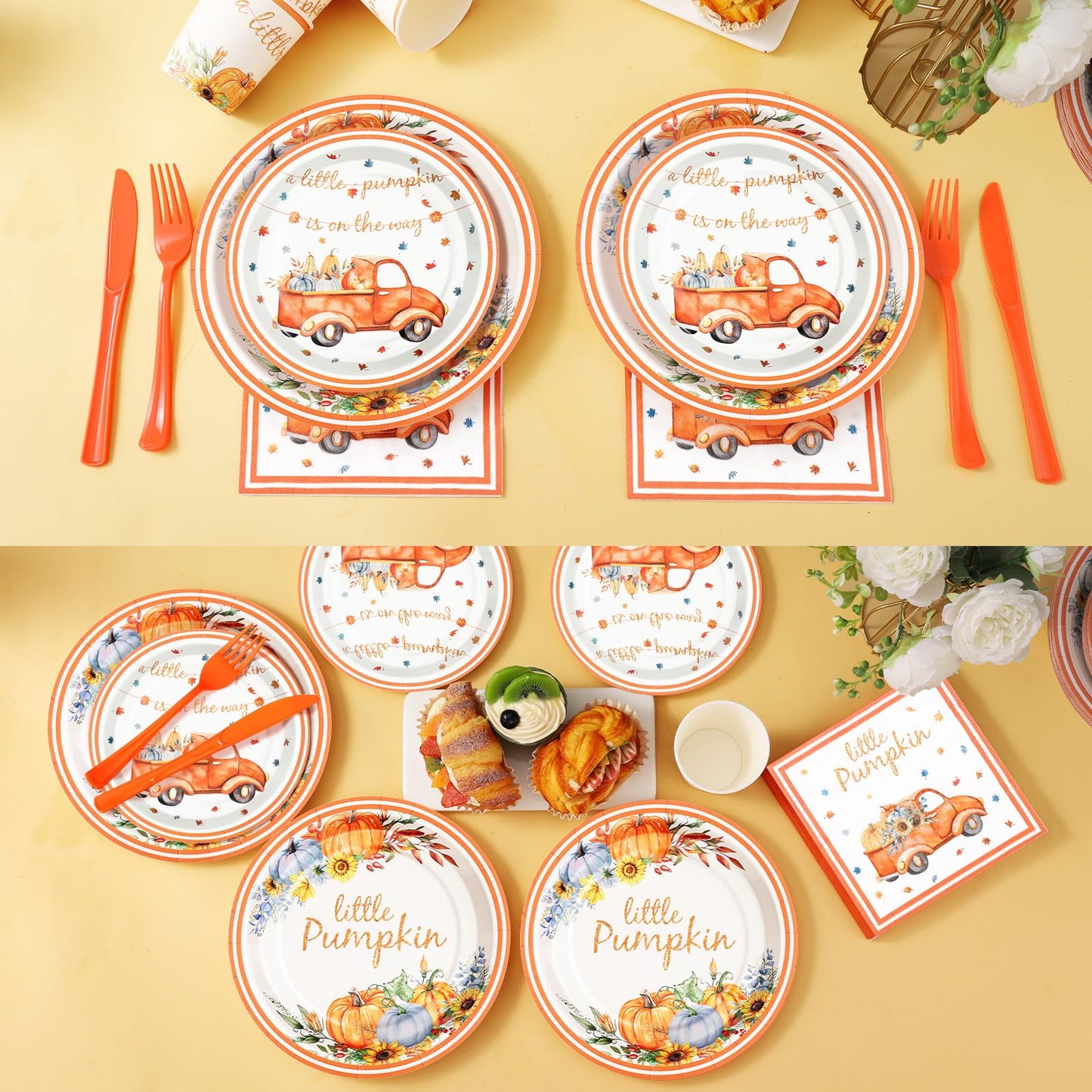 Gudvilla 168 Pcs Little Pumpkin Plates and Napkins, Fall Baby Shower Plates and Napkins Sets Serves 24, Little Pumpkin Baby Shower Decorations Boy, Orange Blue Autumn Farm Thanksgiving