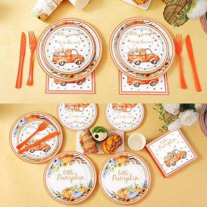 Gudvilla 168 Pcs Little Pumpkin Plates and Napkins, Fall Baby Shower Plates and Napkins Sets Serves 24, Little Pumpkin Baby Shower Decorations Boy, Orange Blue Autumn Farm Thanksgiving