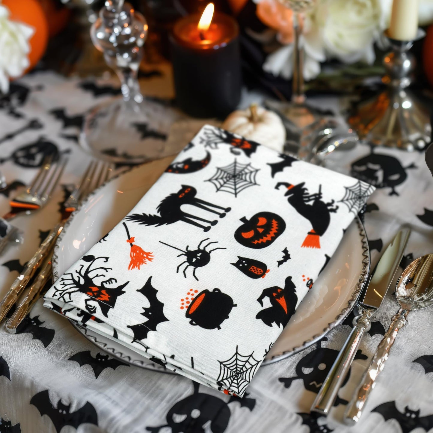 COTTON CRAFT Halloween Cloth Napkins - Spooky Hocus Pocus Dinner Napkins - Set of 12 Pure Cotton Reusable Washable Napkin - Halloween Decorations - Halloween Party Décor - 17 x 17 - Black White Orange