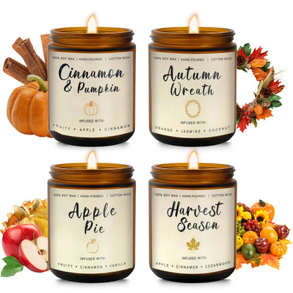 Fall Candles Gift Set – 4 Pack Scented Soy Candles for Home, Autumn Decor, Fall Decorations, Pumpkin Spice, Apple Pie, Cinnamon, Harvest – Great for Halloween & Thanksgiving Gifts