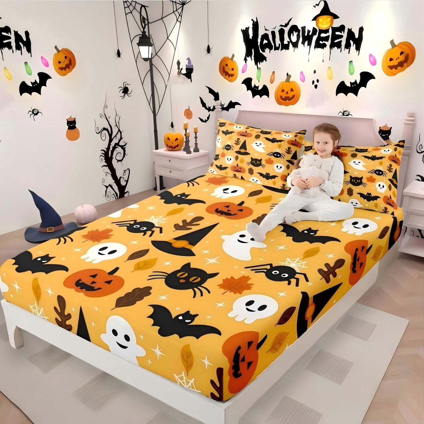 Erosebridal Halloween Fitted Sheet Twin Cartoon Pumpkin Sheet Set Lantern Bedding Ghost Bed Cover for Kids Boys Girls Bedroom Decor 2 Pcs Bedding Set (1 Fitted Sheet 1 Pillow Case) Orange