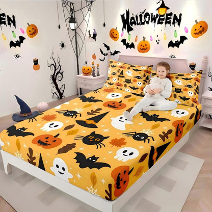 Erosebridal Halloween Bed Sheet Set Full Cartoon Pumpkin Fitted Sheet Lantern Bedding Set Ghost Quilt Set for Kids Boys Girls 4 Pcs Bed Cover (1 Fitted Sheet,1 Flat Sheet,2 Pillowcases) Orange