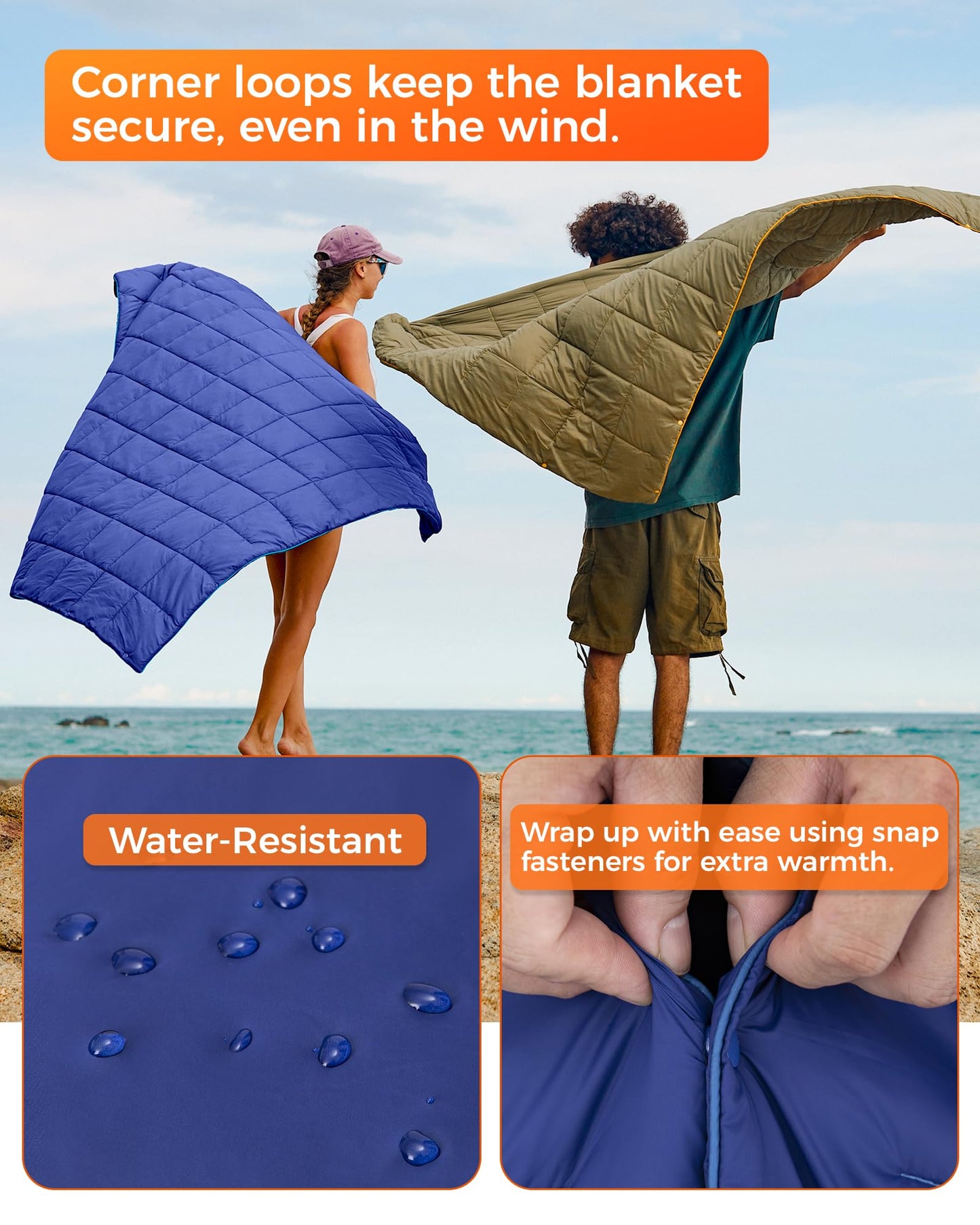 KingCamp Ultralight Camping Blanket, Packable Down Alternative Puffy Wearable Blankets Weatherproof Warm Package Quilt with Snap Buttons for Outdoor Hiking Travel Picnic Stadium (69" L x 53" W, Navy)