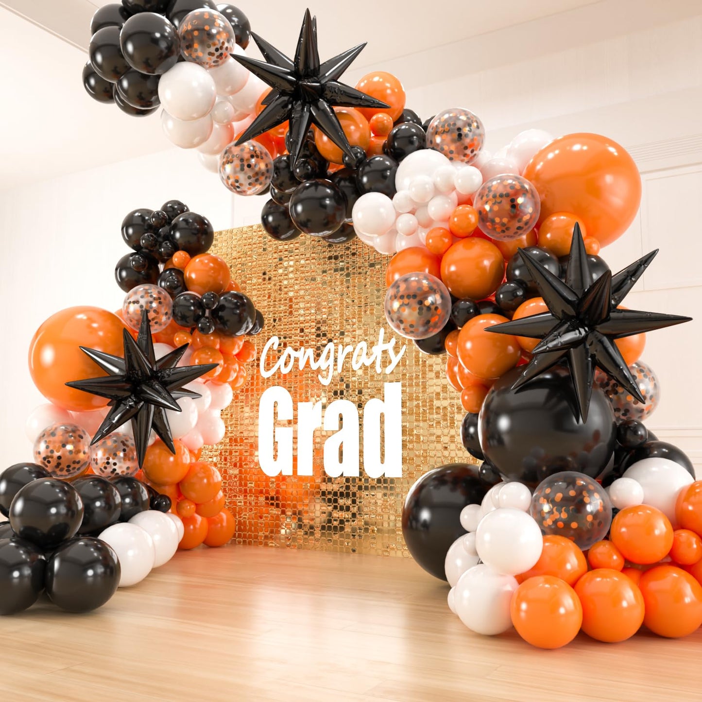 141pcs latex balloons with 3pcs Foil Balloons for Birthday Graduation Disco 2024 Prom Party Decorations… (Orange Black White)