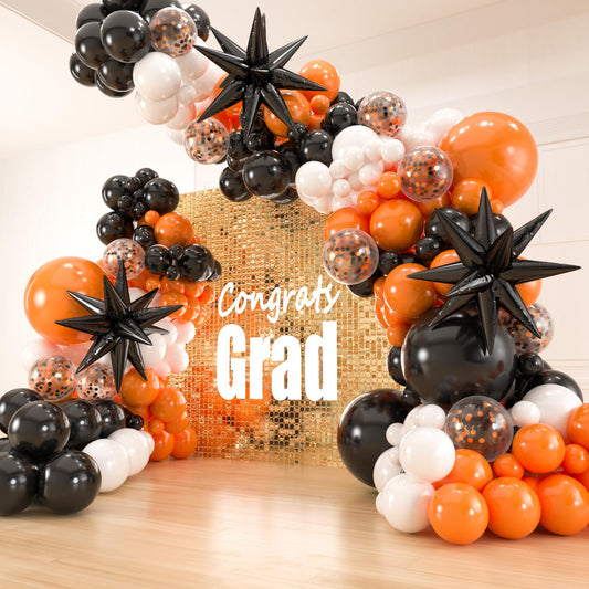 141pcs latex balloons with 3pcs Foil Balloons for Birthday Graduation Disco 2024 Prom Party Decorations… (Orange Black White)