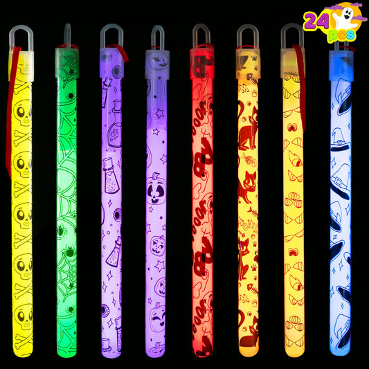 JOYIN 24 Pcs Halloween Glow Stick Hanging Wands in 8 Different Pattern Designs and 6 Colors for Kids Party Favors, Halloween Party Supplies, Glow in the Dark, Goodies Bags Fillers, Non Candy Treats