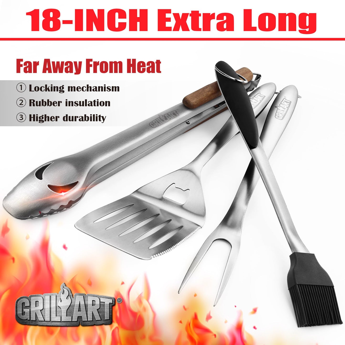 GRILLART BBQ Tools Grill Tools Set -18Inch Grilling Tools BBQ Set - Grill Accessories w/BBQ Tongs, Spatula, Fork, Brush- Stainless Grill Kit Grilling Set - Gift Ideas BBQ Accessories Gifts for Men Dad