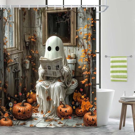 Funny Halloween Ghost Shower Curtain, Fancy Humor Ghost Sitting on Toilet Reading Newspaper Shower Curtains Set, Pumpkin Print Waterproof Bath Curtain Bathroom Decor Set Vintage Gothic Horror Decor
