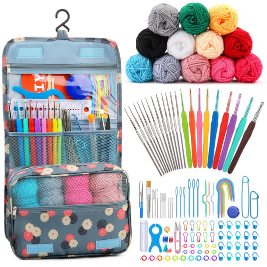 Crochet Kit for Beginners Complete 130 Pieces Starters Knitting Kit with Crochet Yarn, Ergonomic Crochet Hooks and Crochet Accessories in Hangable Storage Bag