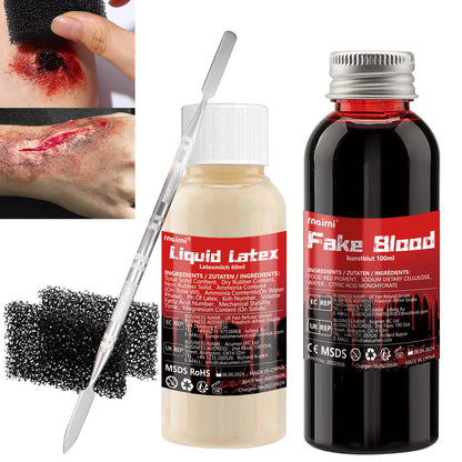Halloween SFX Makeup Kit Fake Blood(100ML) + Liquid Latex(60ML) + Spatula Tool + 2Pcs Stipple Sponge For Scary Halloween Special Effects Cosplay Costumes Decorations