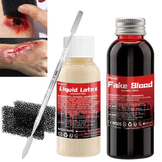 Halloween SFX Makeup Kit Fake Blood(100ML) + Liquid Latex(60ML) + Spatula Tool + 2Pcs Stipple Sponge For Scary Halloween Special Effects Cosplay Costumes Decorations