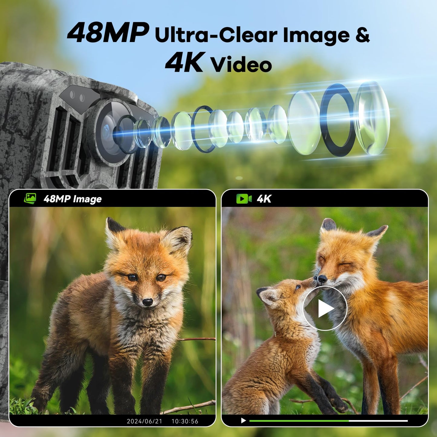 DEATTI Trail Camera 48MP 4K Game Camera with 8 Batteries 32GB SD Card,WiFi Bluetooth Connection,Trail Cameras with Night Vision Motion Activated Waterproof for Wildlife Deer Outdoor 0.1s Trigger Time