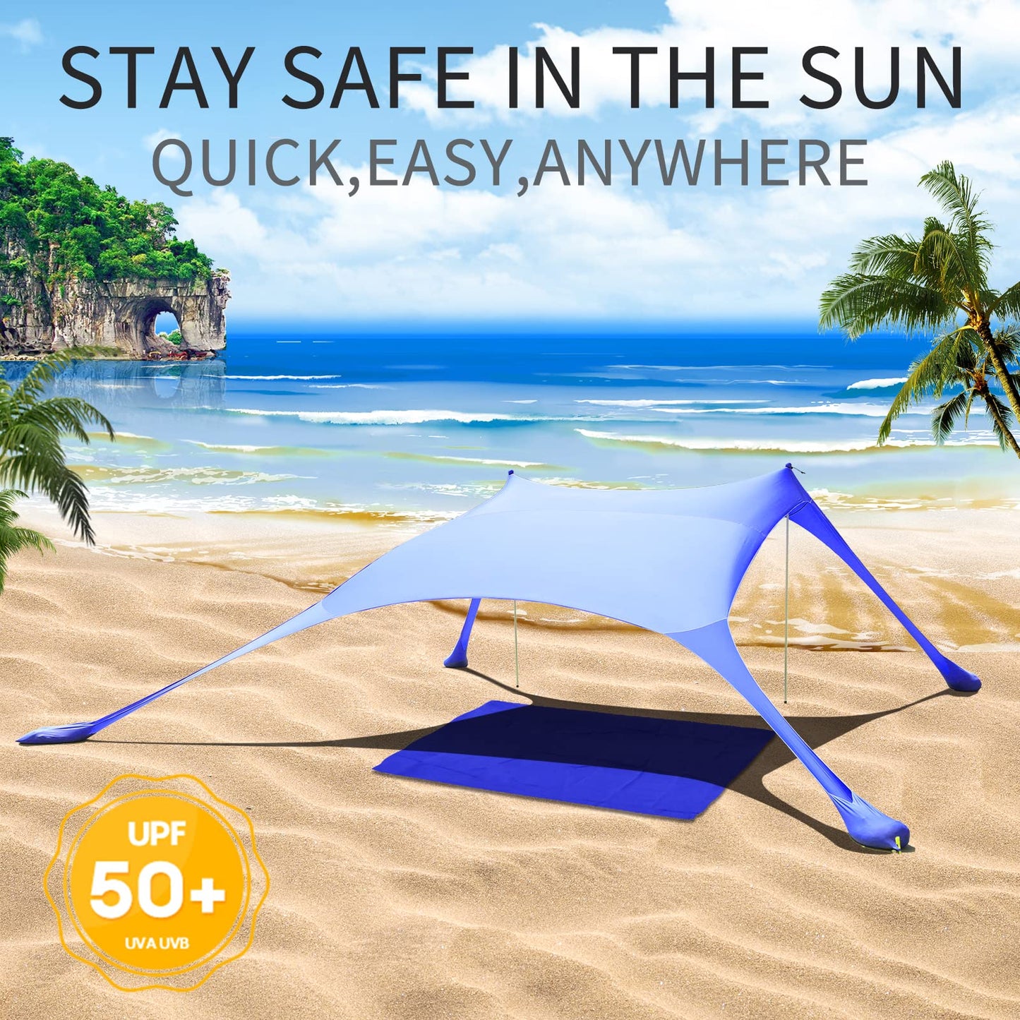CUUPO 77 FT Beach Tent Sun Shelter UPF50+ UV Protection, Outdoor Canopy Tent Sun Shade with 2 Poles for Camping, Fishing, Backyard and Picnics with Sandproof Beach Blanket Royal Blue