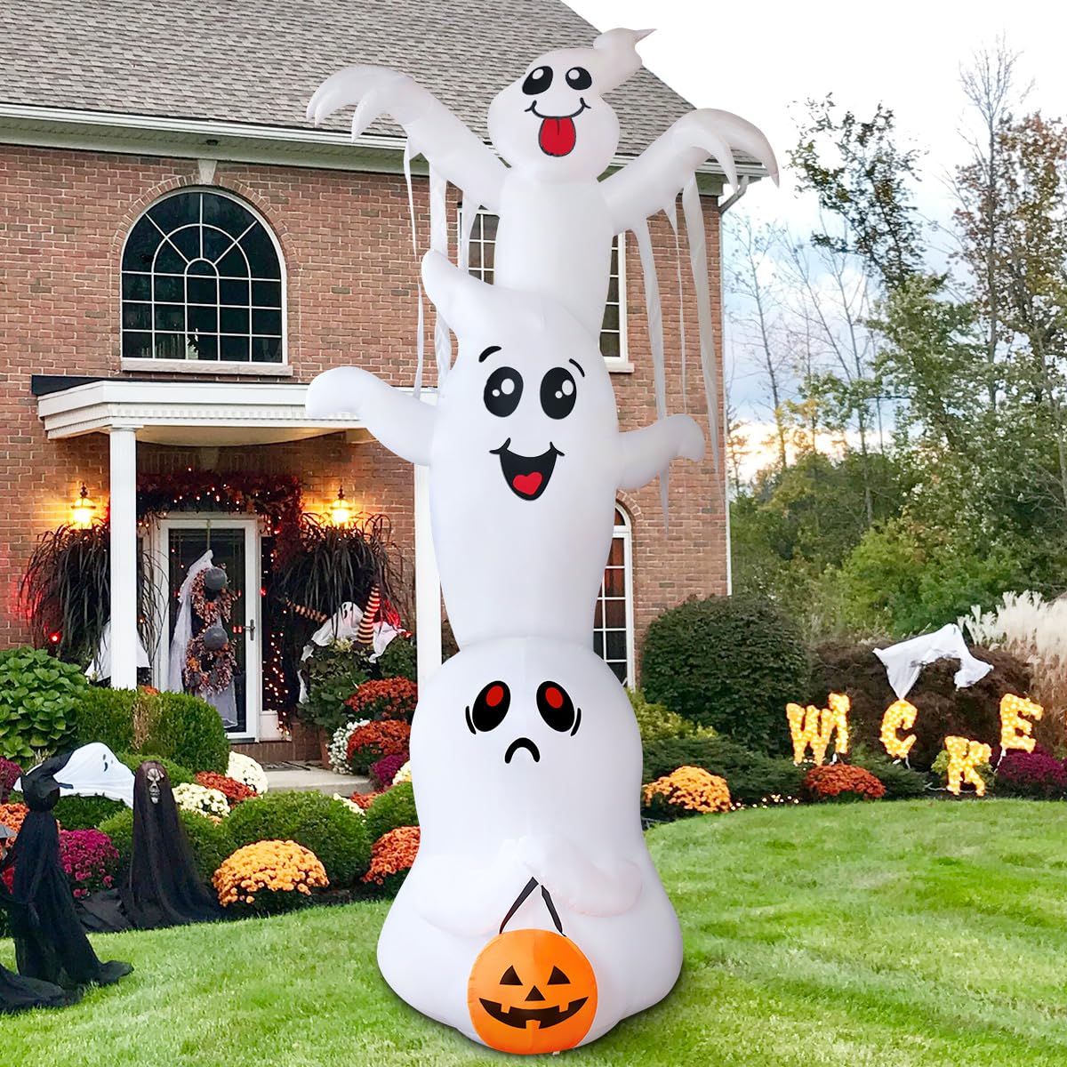 GOOSH 9.8 FT High Halloween Inflatable Overlap Ghost Outdoor Decorations Blow Up Yard with Built-in LEDs for Garden Lawn Indoor Party Decor (Three Ghosts)