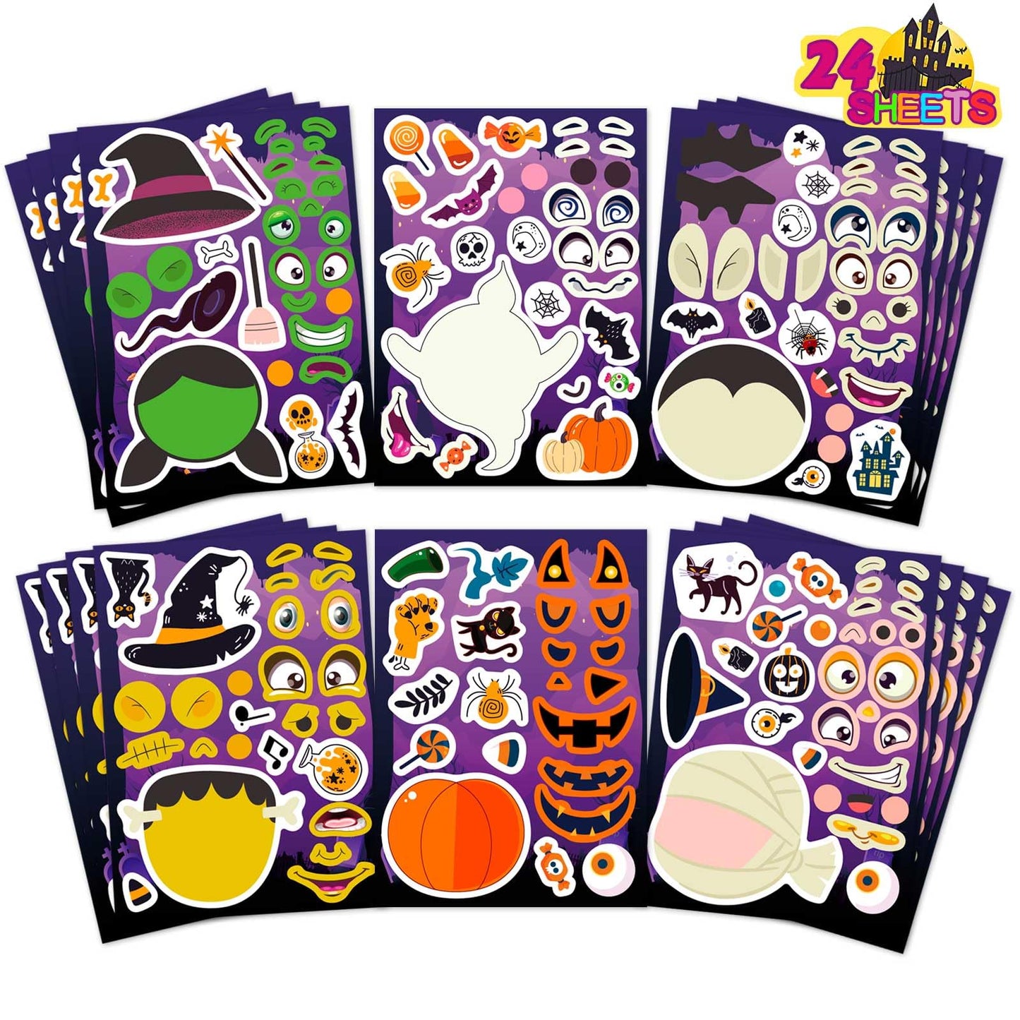 24 PCS Make-a-face Halloween Sticker Make Your Own Halloween Character Mix and Match Sticker with Vampire, Witch, Mummies Zombies, Ghost and Pumpkin Trick or Treat Halloween Goodie Bag Fillers