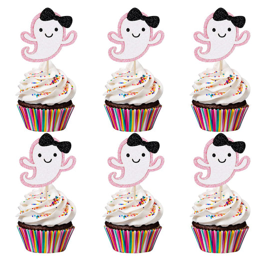 Ghost Cupcake Toppers Pink Glitter, Halloween Ghost Birthday Baby Shower Cupcake Toppers Ghost Food Cupcake Picks for Pink Halloween Baby Shower Birthday Party Cake Supplies - 24Pcs