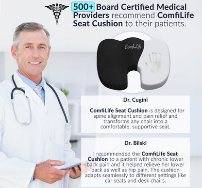 ComfiLife Premium Comfort Seat Cushion - Non-Slip Orthopedic 100% Memory Foam Coccyx Cushion for Tailbone Pain - Cushion for Office Chair Car Seat - Back Pain & Sciatica Relief (Black)