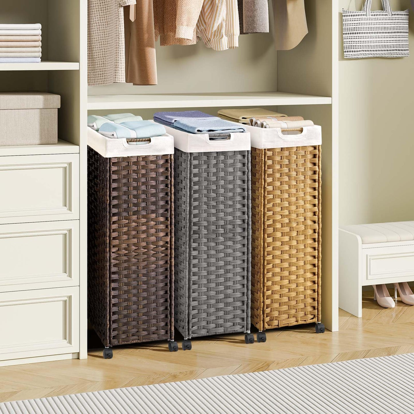 Greenstell Laundry Hamper with Wheels, 17.4 Gallon (66L) Slim Laundry Basket with 2 Removable Liner Bags & 2 Mesh Bags, Narrow Rattan Clothes Hamper for Bedroom, Laundry Room, Bathroom, Brown