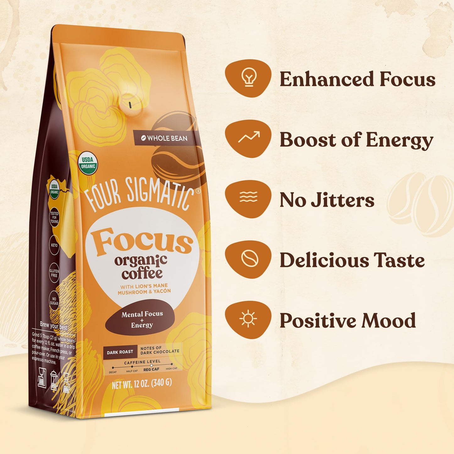 Four Sigmatic Dark Roast Organic Whole Bean Coffee | Gourmet Nootropic Mushroom Coffee Beans with Lion's Mane & Chaga Mushrooms for Enhanced Brain Function and Immune Support | 12oz