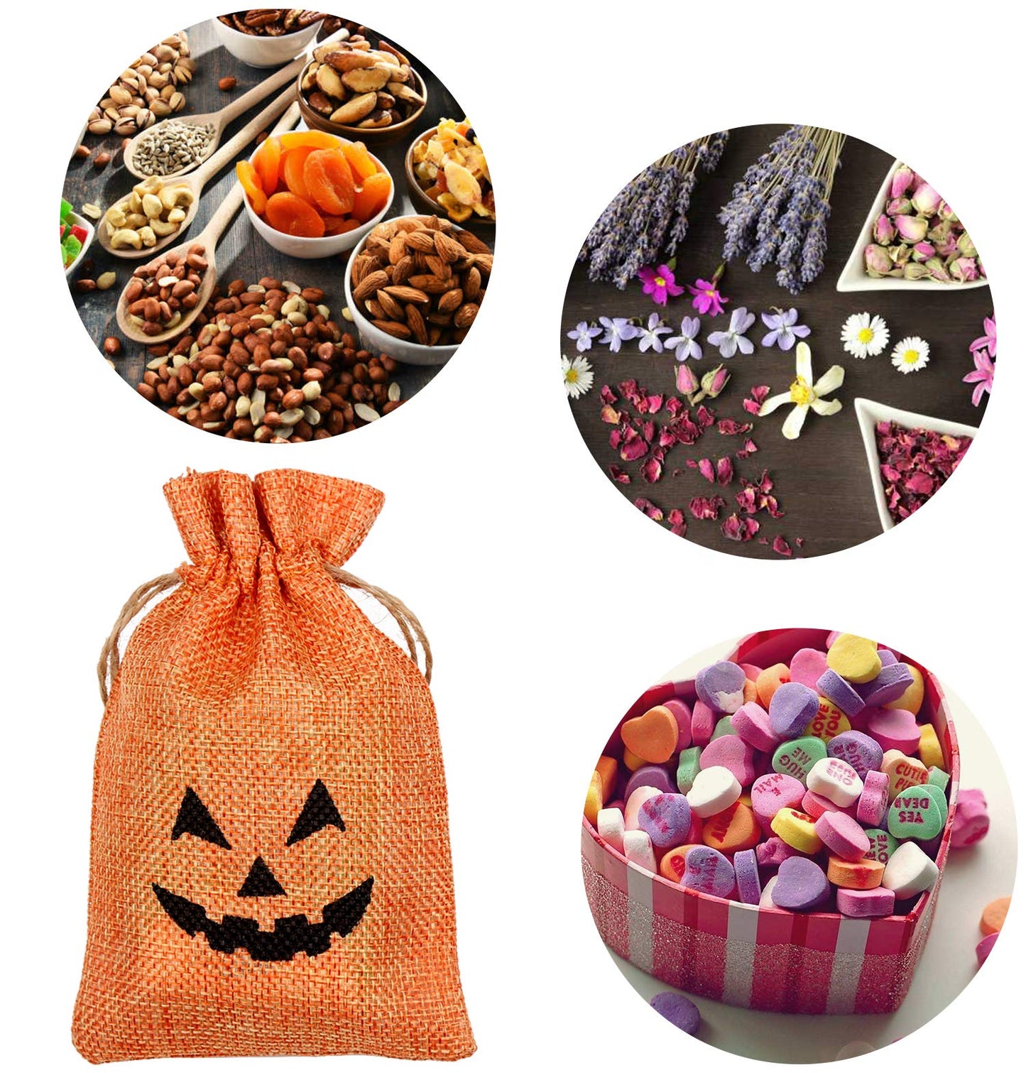 DECORA Halloween Burlap Gift Bags with Double Jute Drawstrings Candy Pouch Halloween Treat Bags with Different Designs Pack of 50