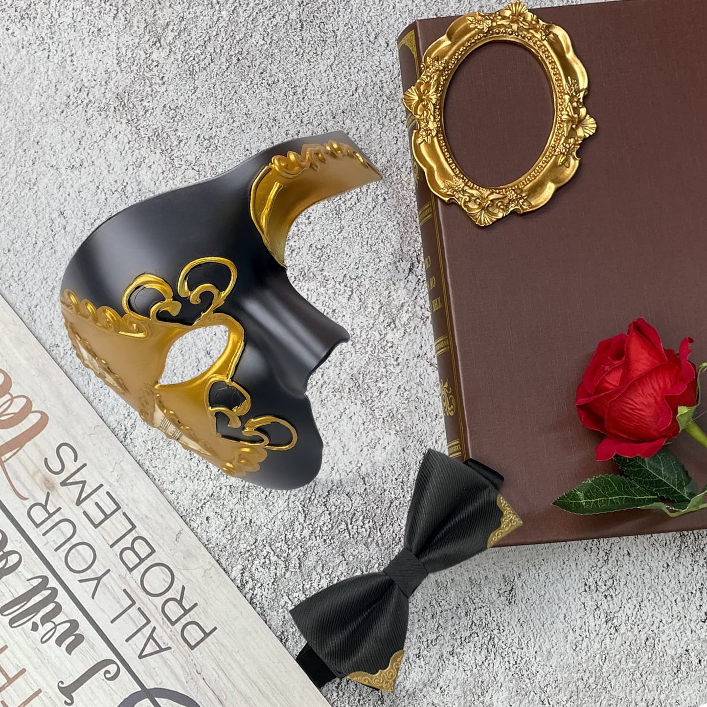 HyperFun Mens Masquerade Mask Phantom of The Opera Half Face Mask with Bowtie, Vintage Venetian Masks for Halloween Costume Party (Black Poets)