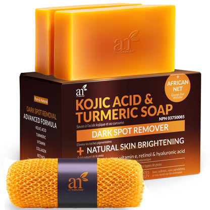 Kojic Acid Soap + African Net Sponge (2 pack X 142g Turmeric bars) Dark spot remover & Scars - Original Japanese Complex Vitamin C, Hyaluronic Acid, retinol, shea butter (Citrus)