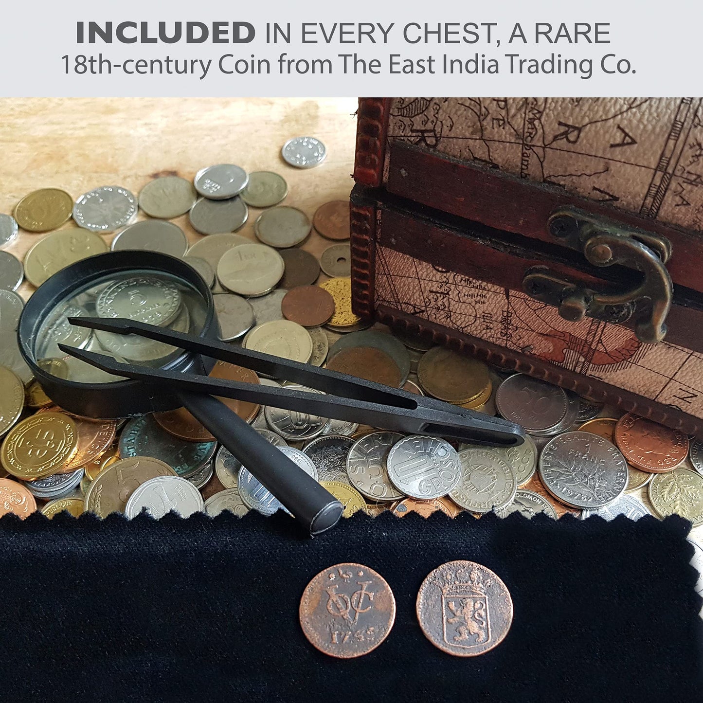 IMPACTO COLECCIONABLES Coin Collection - World Currency Treasure Chest with 2Lb. - Collectible Circulated Coins - 4.7 x 3.5 x 3.5 Decorative Wooden Box - Antique Coins for Collectors (COA Included)