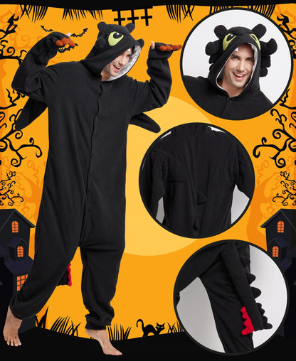Kidukso Unisex Adult Dragon Onesie Pajamas Cute Animal Sleepwear Dragon Costume Halloween Christmas Party Costumes for Women Teens Men Black Large
