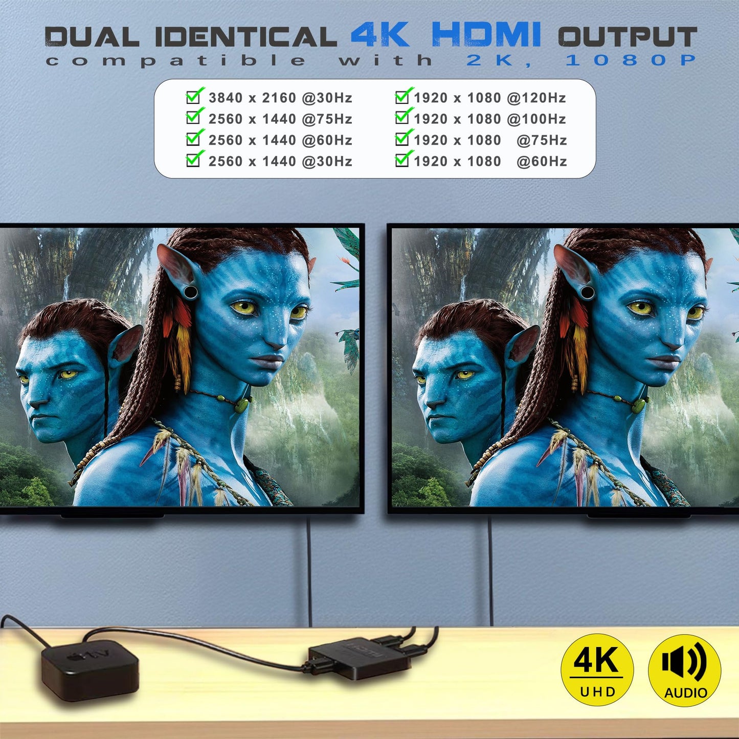 4K HDMI Splitter 1 in 2 Out Mirror Display Not Expand, Dual HDMI Splitter Hub to Dual Monitors Multi-Scree Displays Audio Synchronization, Compatible for MacBook Laptop Desktop PC Graphics Card TV