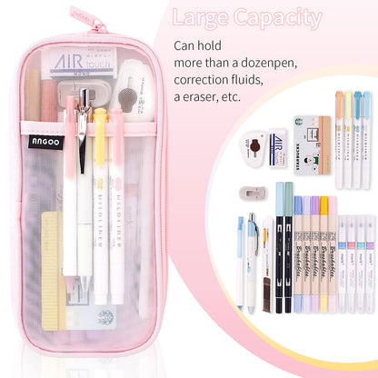 EASTHILL Grid Mesh Pen Pencil Case with Zipper Clear Makeup Color Pouch Cosmetics Bag Multi-Purpose Travel School Teen Girls and Boys Transparent Stationary Bag Office Organizer Box for Adluts(Pink)