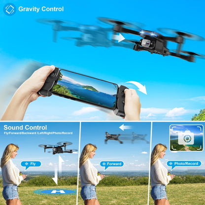 Drone with 1080P Camera - Foldable Remote Control Quadcopter with Voice Gesture Control, 3D Flip, One Key Start, Emergency Stop, 2 Batteries, Easier to use, Toy for Adults Beginners, Black