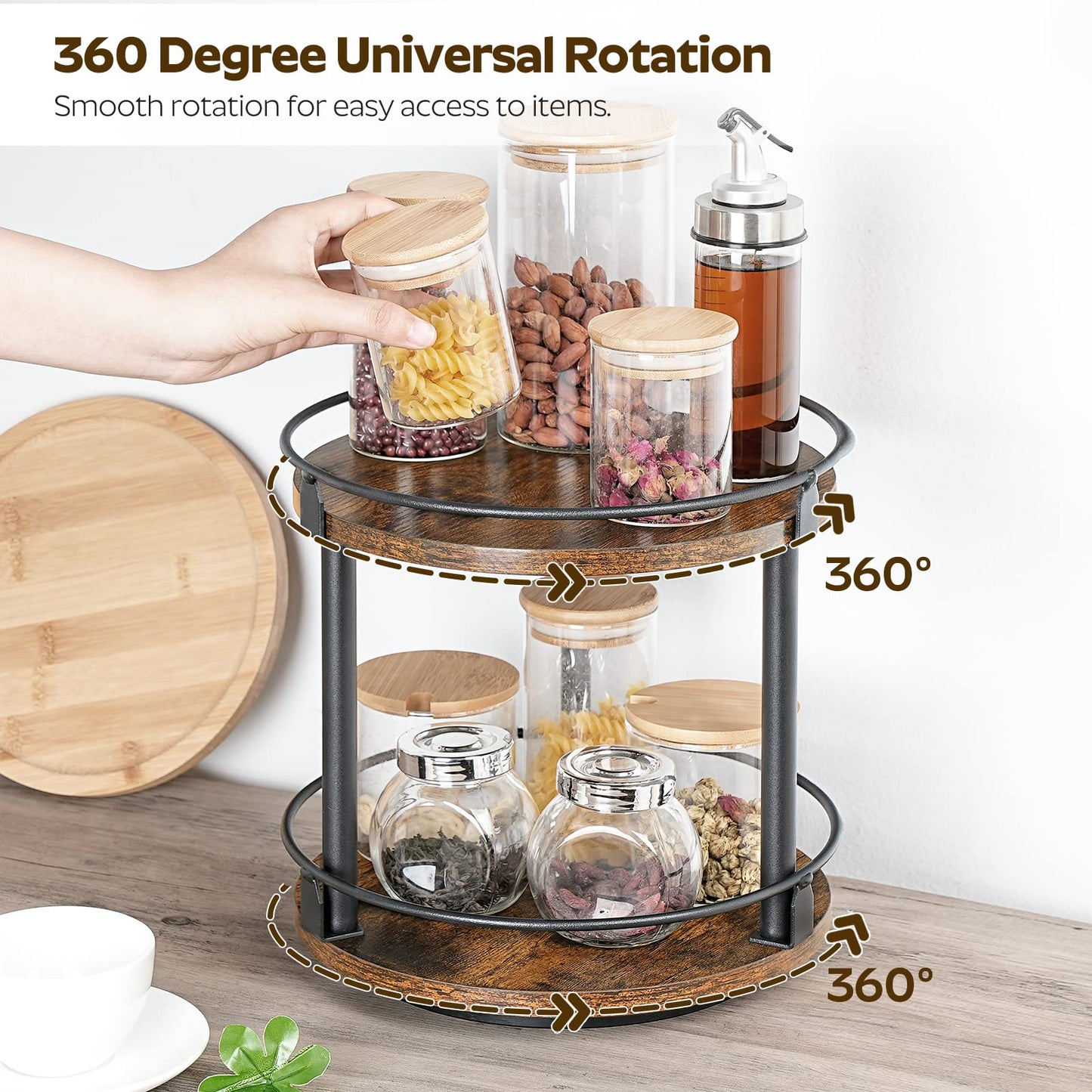 3-Tier Lazy Susan Organizer, Rotating Spice Rack, Spinning Organizer, Industrial Turntable Spice Rack Organizer for Cabinet, Kitchen Countertop, Pantry, Rustic Brown and Black SR23BR