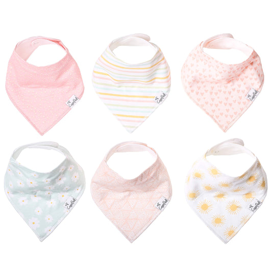 Copper Pearl 6 Pack Soft Cotton Baby Bibs for Drooling and Teething, Absorbent Drool Bibs for Baby Girl, Adjustable to Fit Newborns to Toddlers, Tons of Styles (Sunny Set)