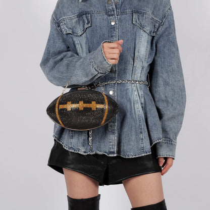 Gripit Bling Rhinestone Football Shaped Rugby Quirky Bag Purse Novlety Chain Purse Shoulder Handbag with Crystal for Women Girls,Black